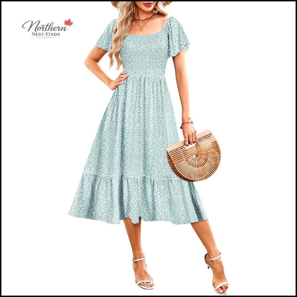 Empire Waist Midi Dress Smocked Square Neck Flutter Sleeve Off Shoulder